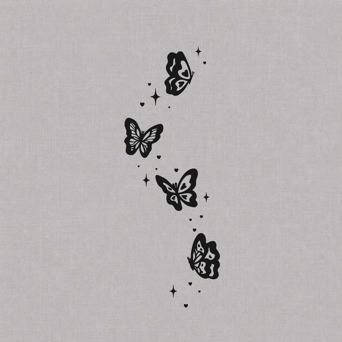 Butterfly temporary tattoo design featuring multiple butterflies flying with tiny hearts and sparkles.
