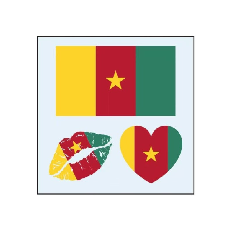 Cameroon flag temporary tattoo set with heart and lips designs