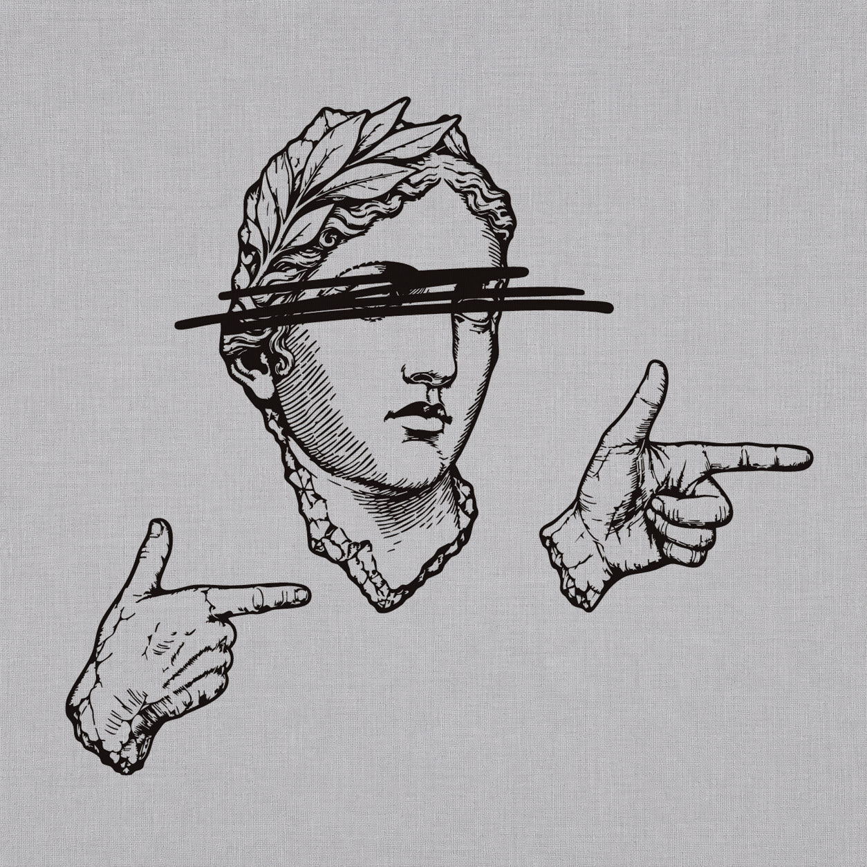Fine line temporary tattoos design featuring a censored classical statue head with two pointing sculptural hands.