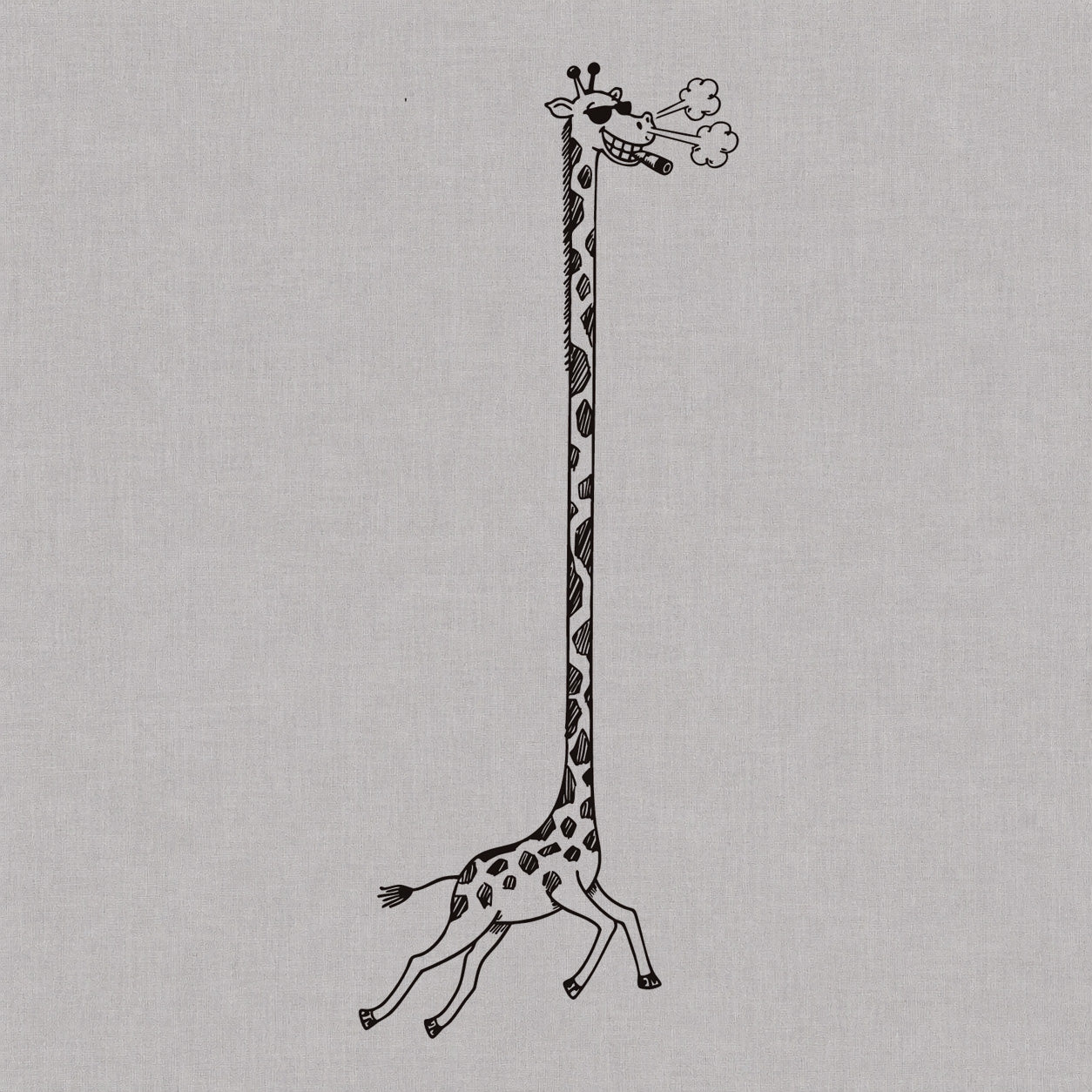 Cartoon giraffe temporary tattoo with an extra-long neck, cheeky grin, cigar, and drifting smoke.