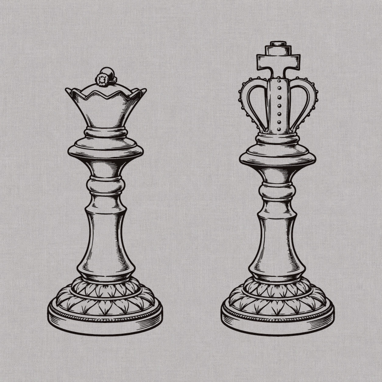 Fine line temporary tattoos design featuring a detailed chess queen and king with ornamental bases and classic linework.