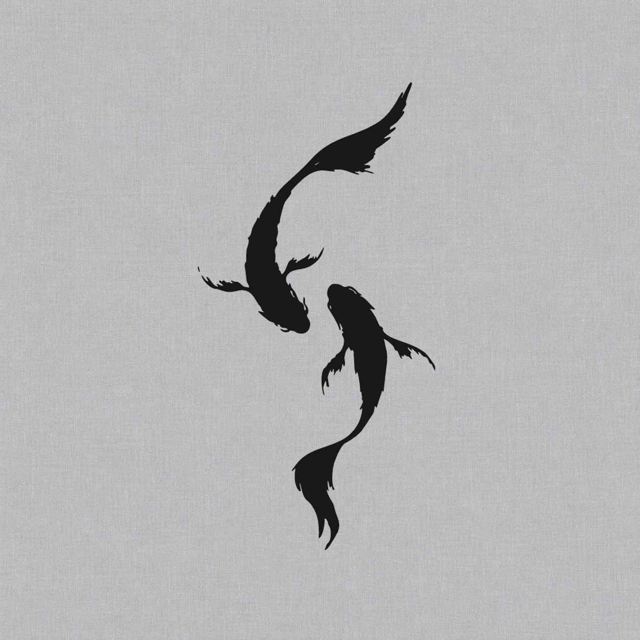 Koi fish semi-permanent tattoo featuring two black fish circling toward each other in a balanced minimalist composition.

