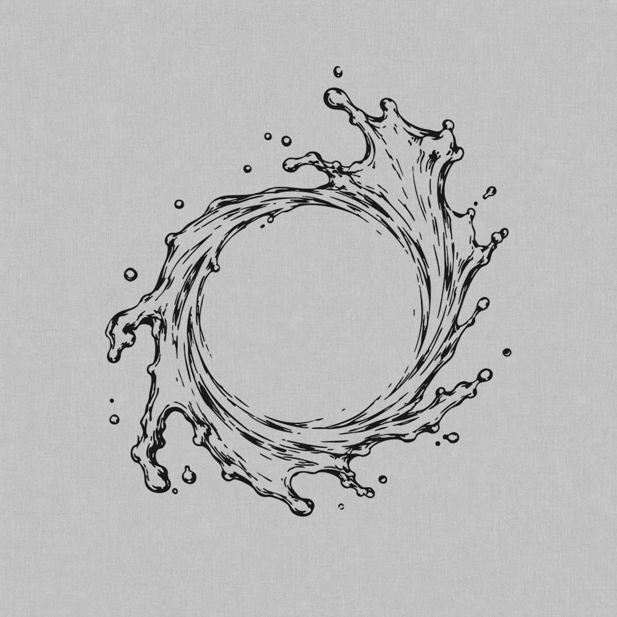 Circular water splash semi-permanent tattoo featuring a flowing liquid ring, suspended droplets, and detailed fine line movement.

