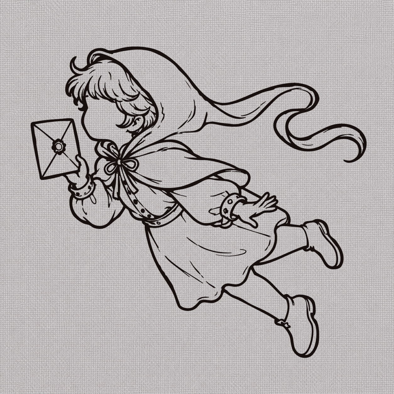 Fine line temporary tattoos design featuring a cloaked child messenger holding a sealed letter with a flowing cape.