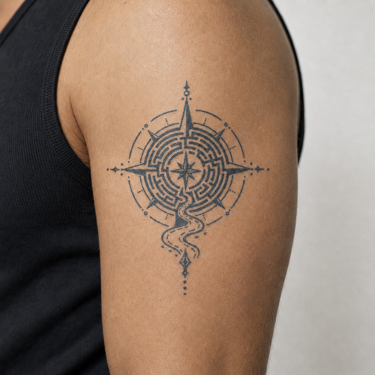 Geometric compass tattoo with mandala patterns and celestial details placed on the upper arm, featuring a detailed compass temporary tattoo design.