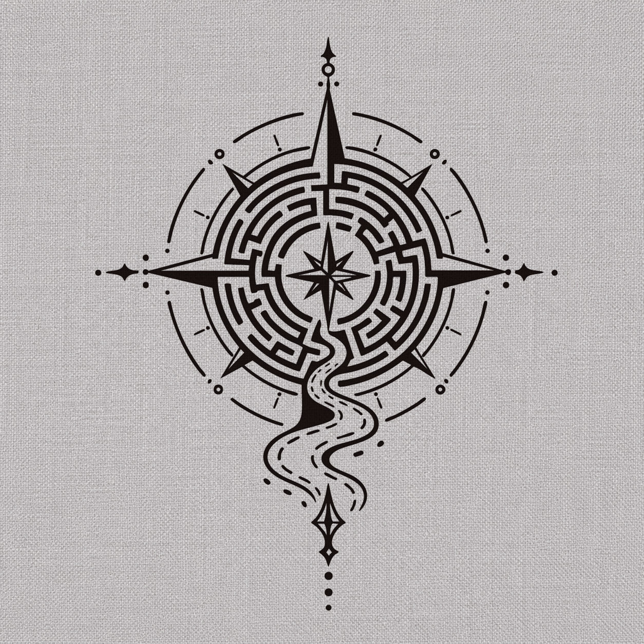 Fine line temporary tattoos design featuring a compass maze, center star, and winding path.