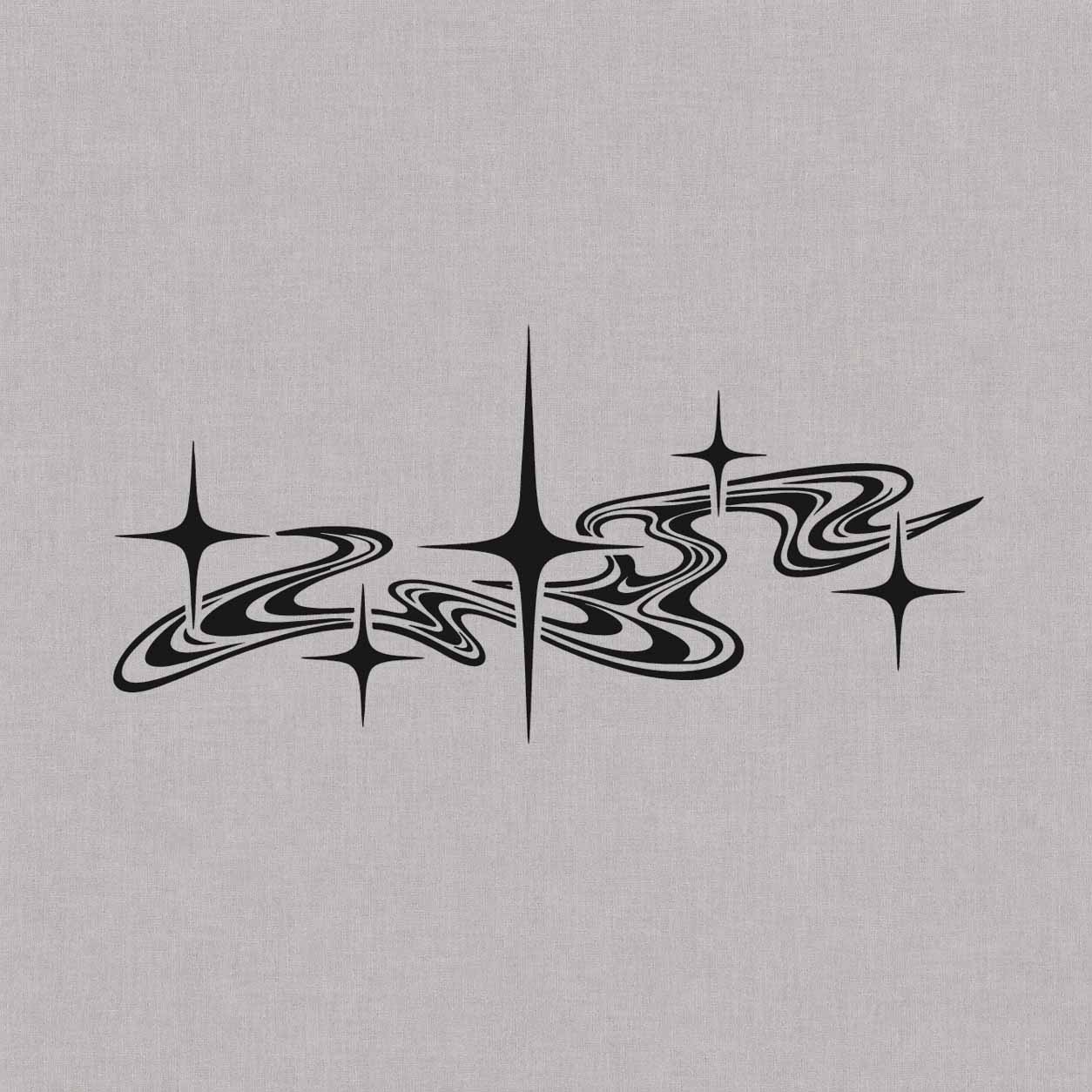 Abstract cosmic temporary tattoo featuring radiant four-point stars and warped ripple rings in bold black linework.
