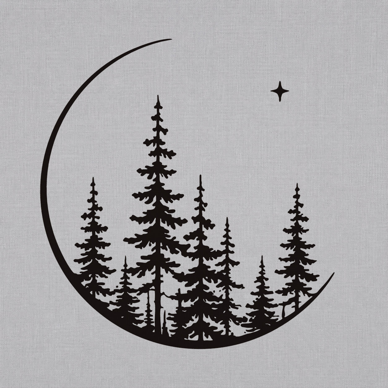 Fine line temporary tattoos design featuring a pine forest silhouette inside a crescent moon with a small star.