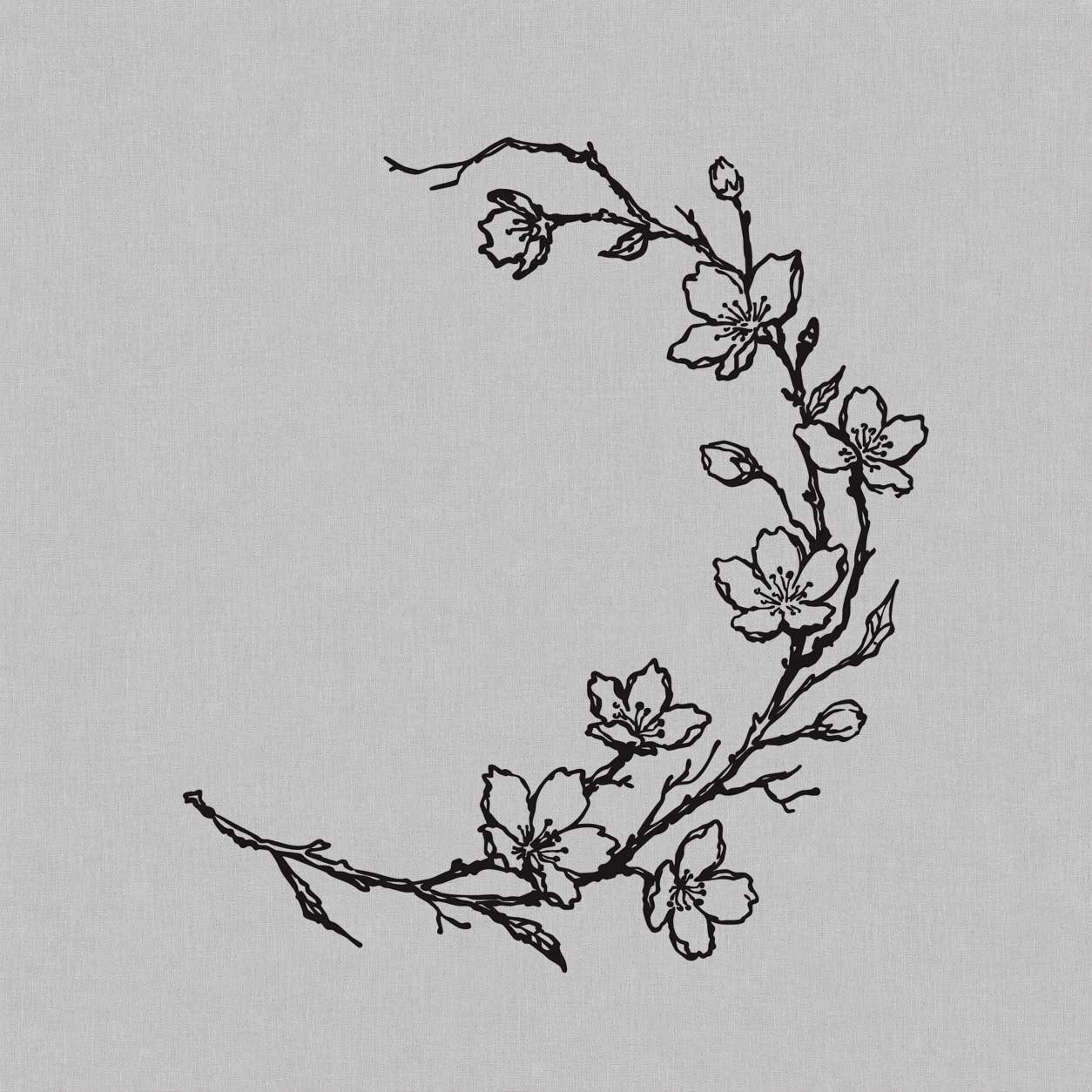 Temporary tattoo ideas design featuring a curved cherry blossom branch with multiple five-petal flowers, buds, leaves, and delicate black linework.