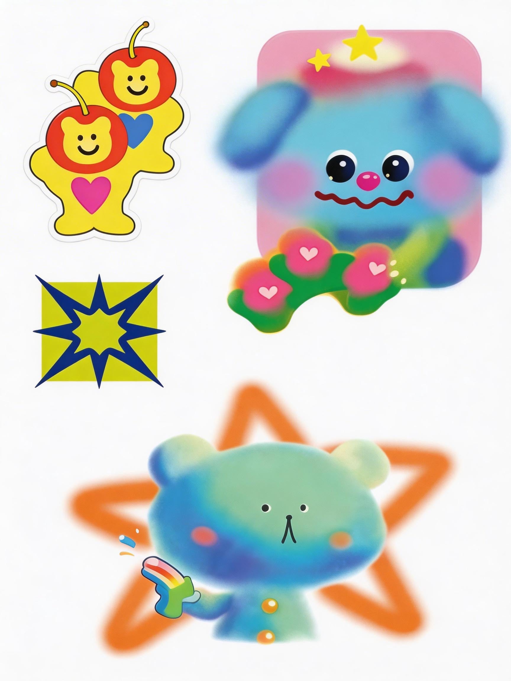 Pastel Y2K tattoo sheet with rainbow bear, blue puppy, cherry smiley twins, and retro star graphics for cute temporary tattoos