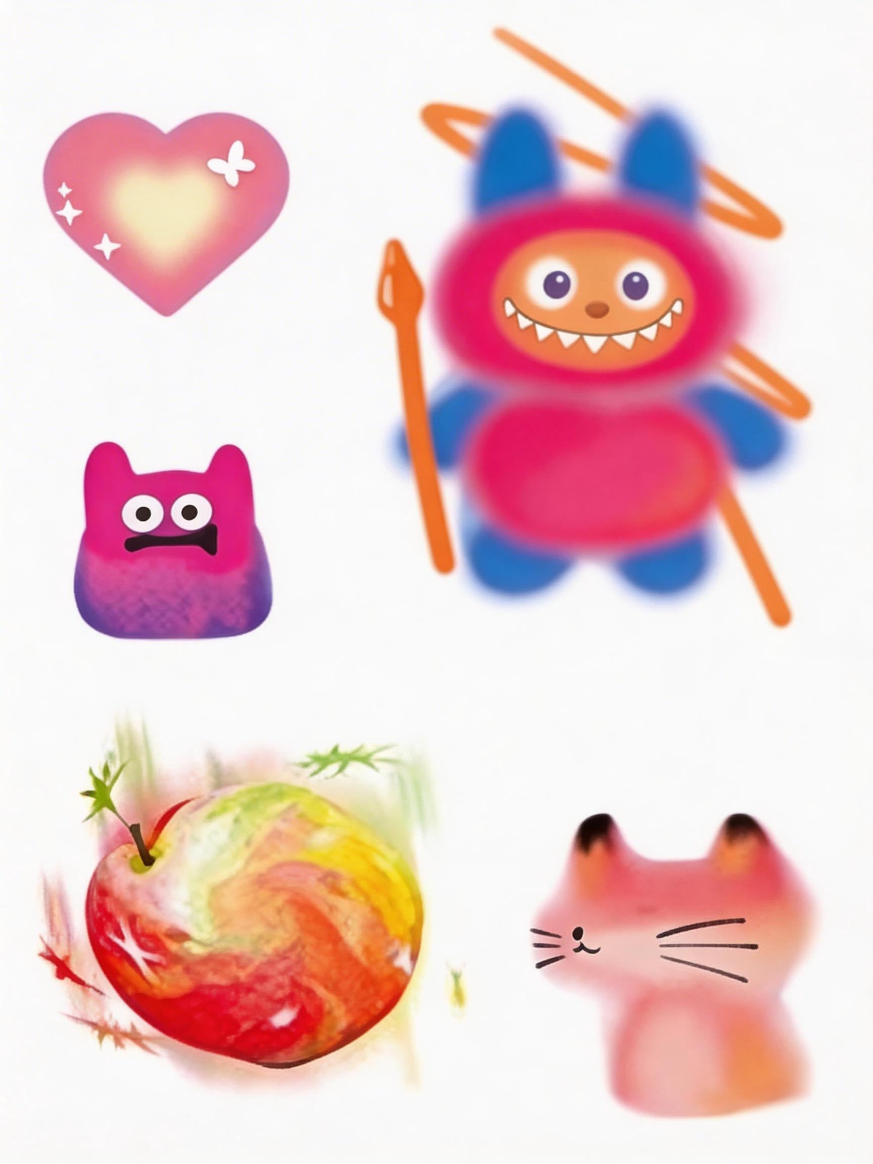 Pastel cartoon tattoo sheet with heart icon, devil monster, watercolor apple, and soft pink cat designs for cute temporary tattoos