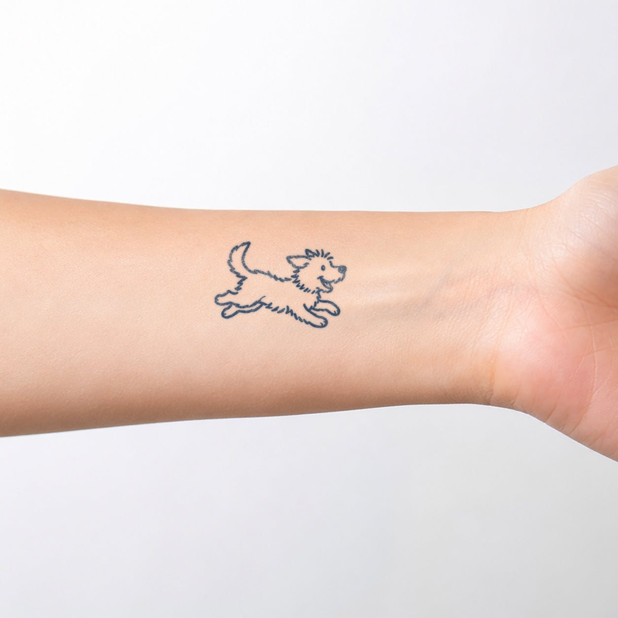 Playful puppy outline running across the wrist, featuring a charming dog temporary tattoo design with a simple hand-drawn style and cute pet-inspired details.