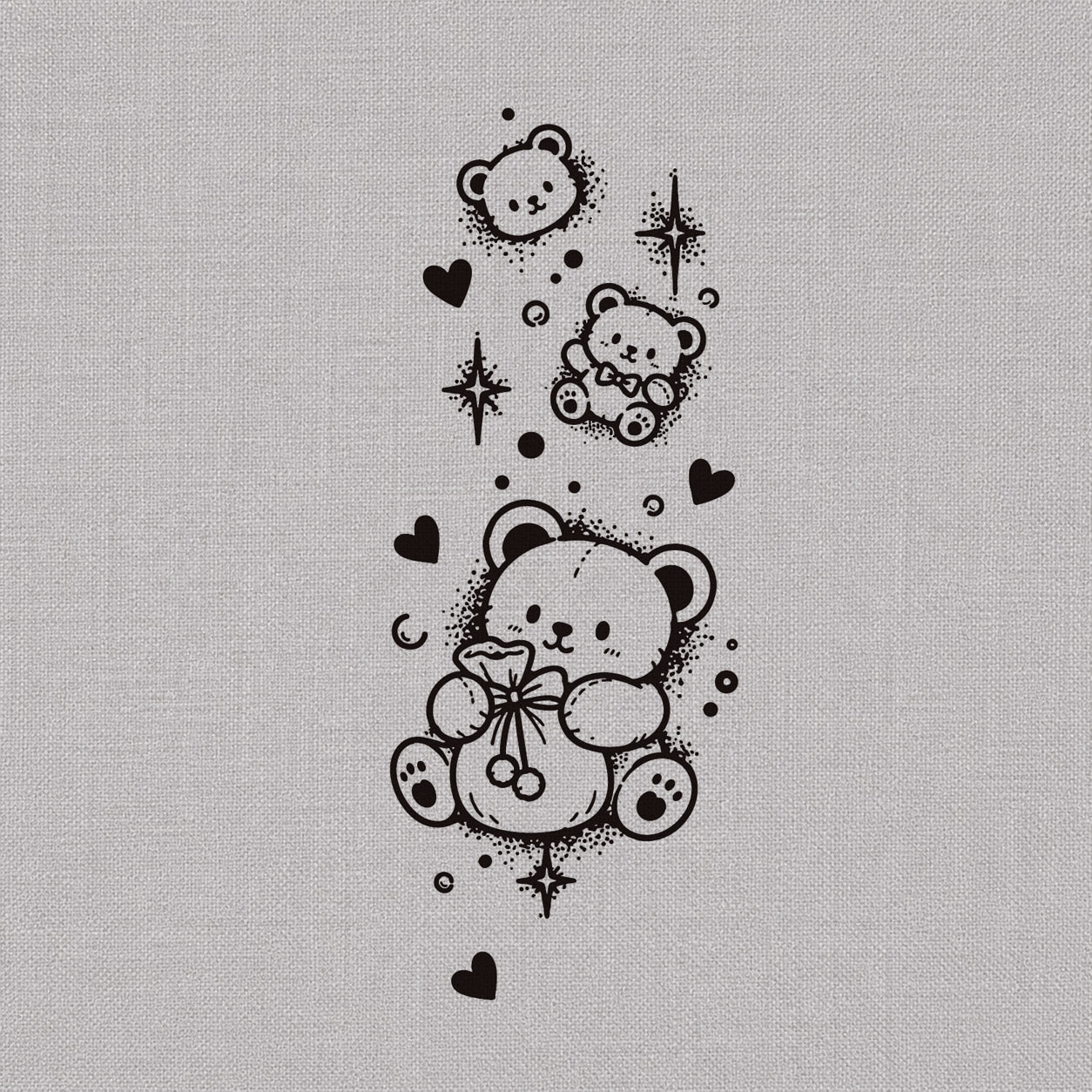Fine line temporary tattoos design featuring cute teddy bears with hearts, stars, dots, and playful sparkle details.