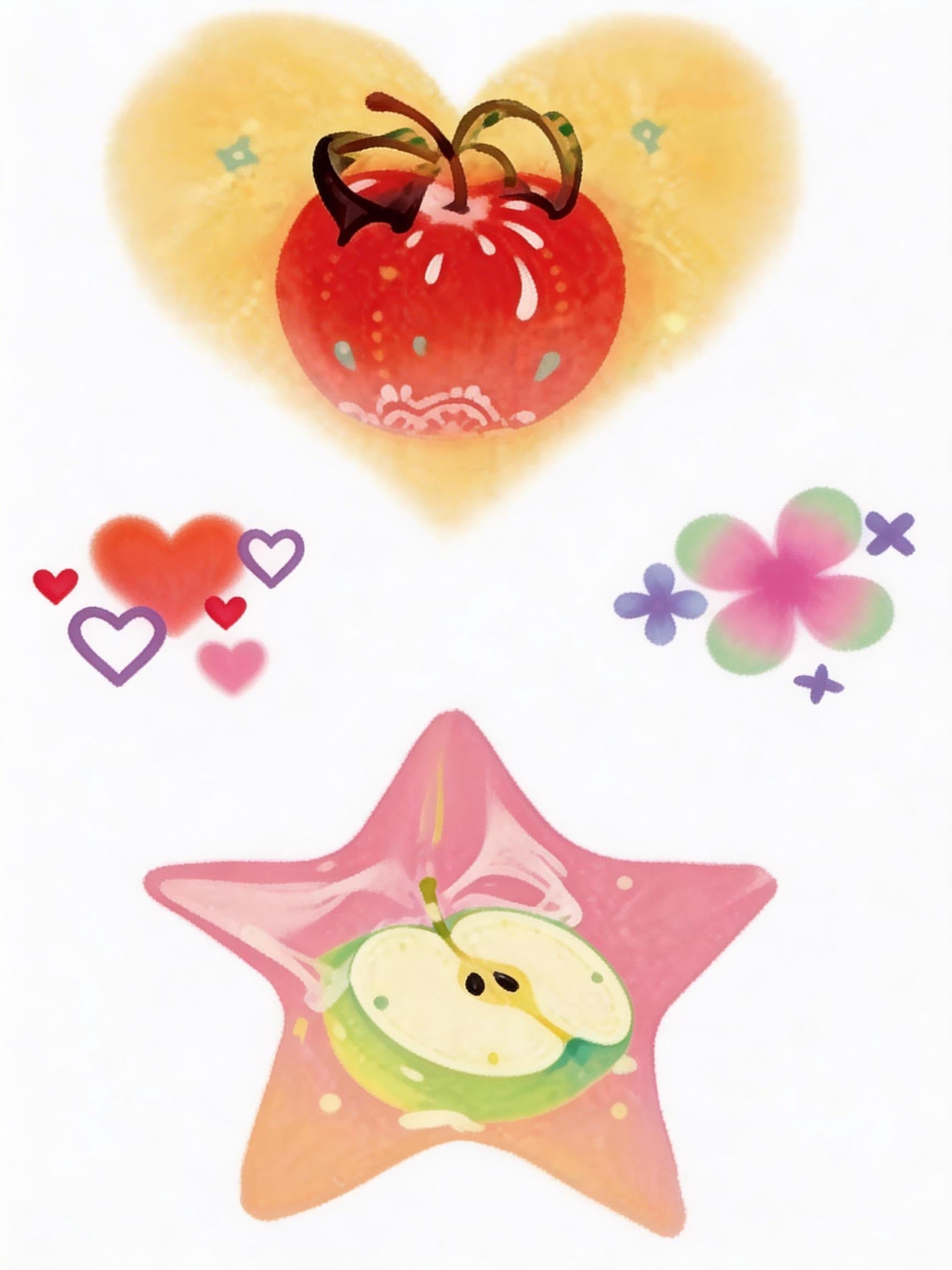 Pastel apple and heart tattoo sheet with pink star, flower icons, and dreamy airbrush artwork for Y2K temporary tattoos