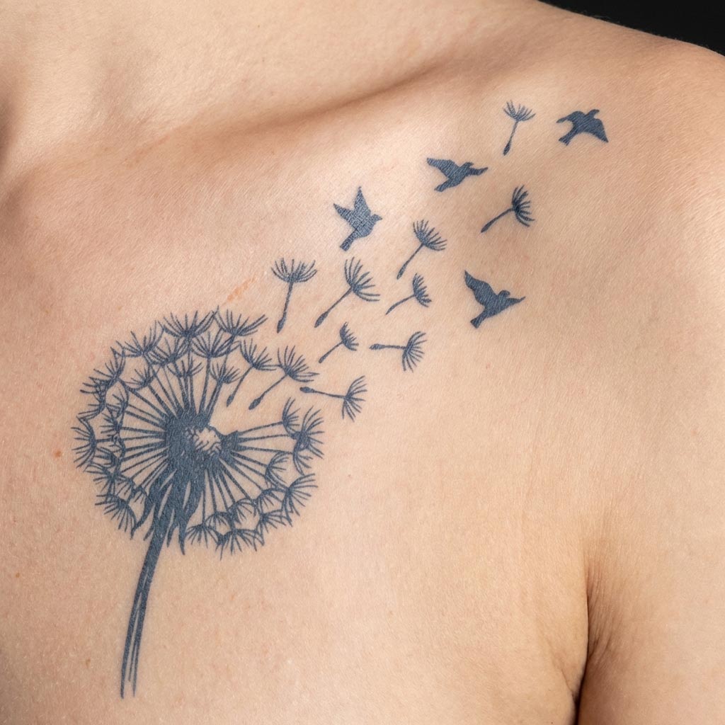  Dandelion Birds Collarbone Tattoo Real Shot