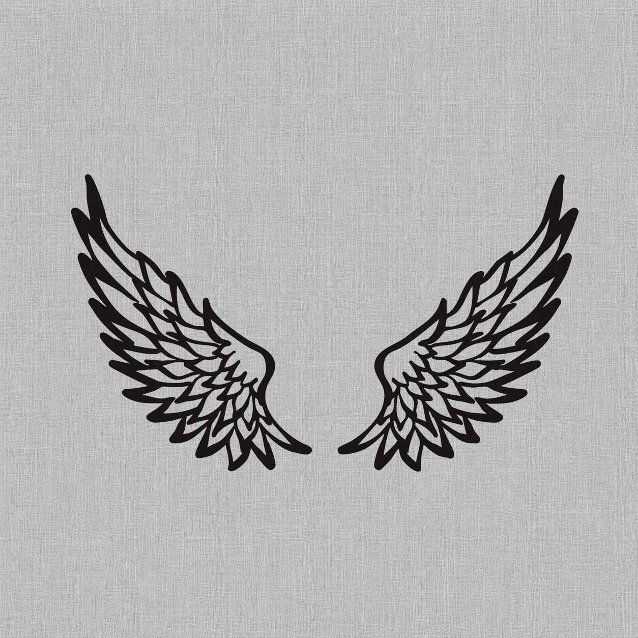 Temporary tattoo ideas design featuring a symmetrical pair of open angel wings with layered feather details and bold black outlines.
