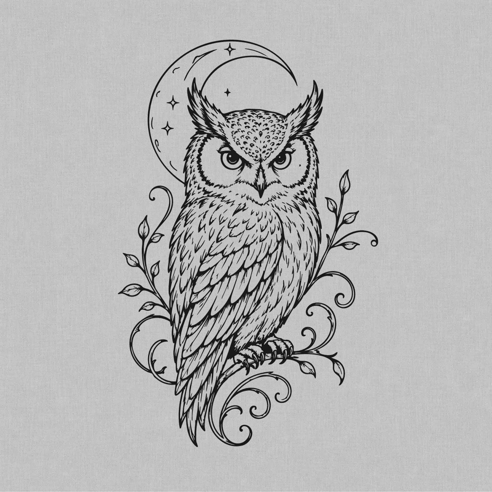 Detailed owl and crescent moon temporary tattoo design