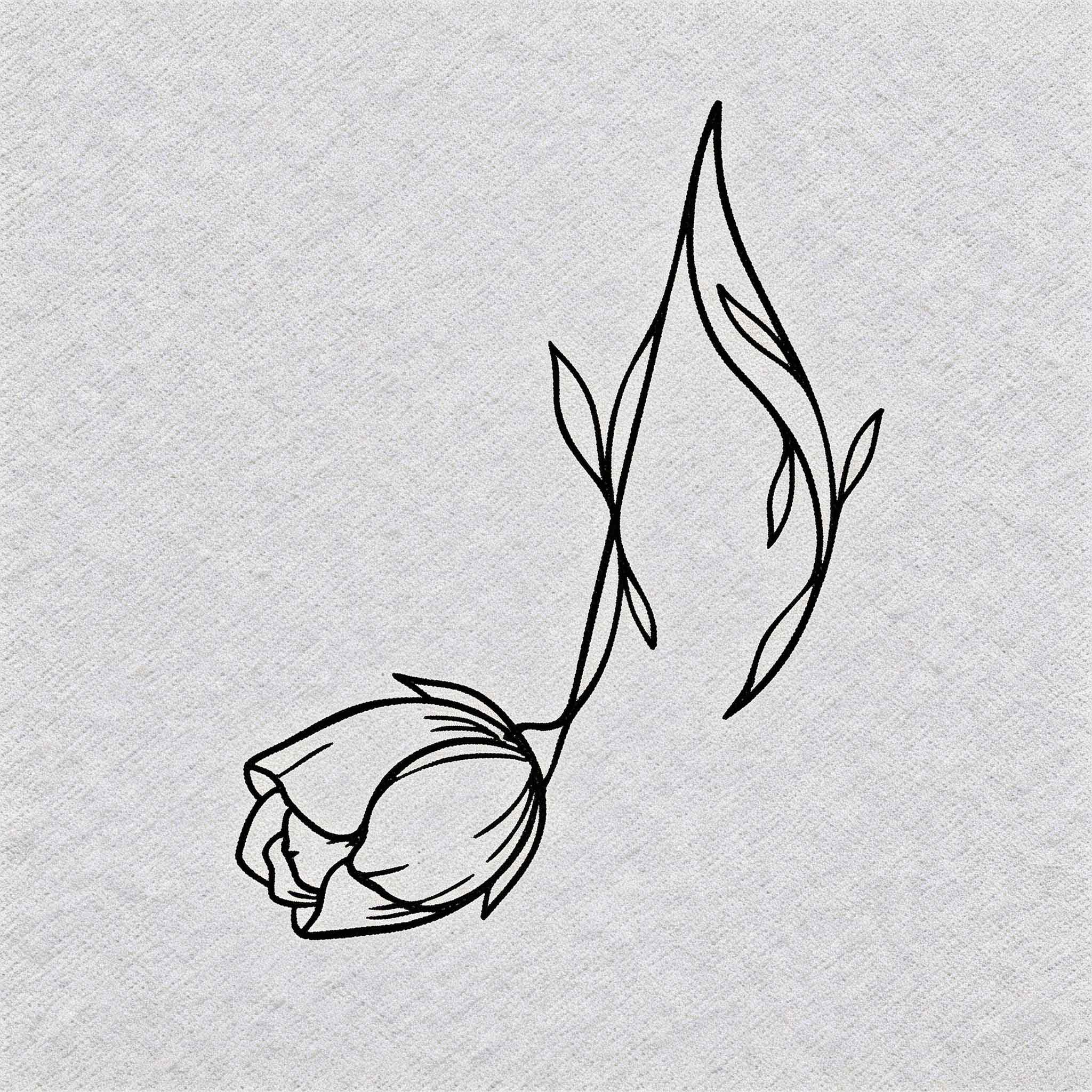 Drooping rose temporary tattoo with elegant floral line art and curved stem
