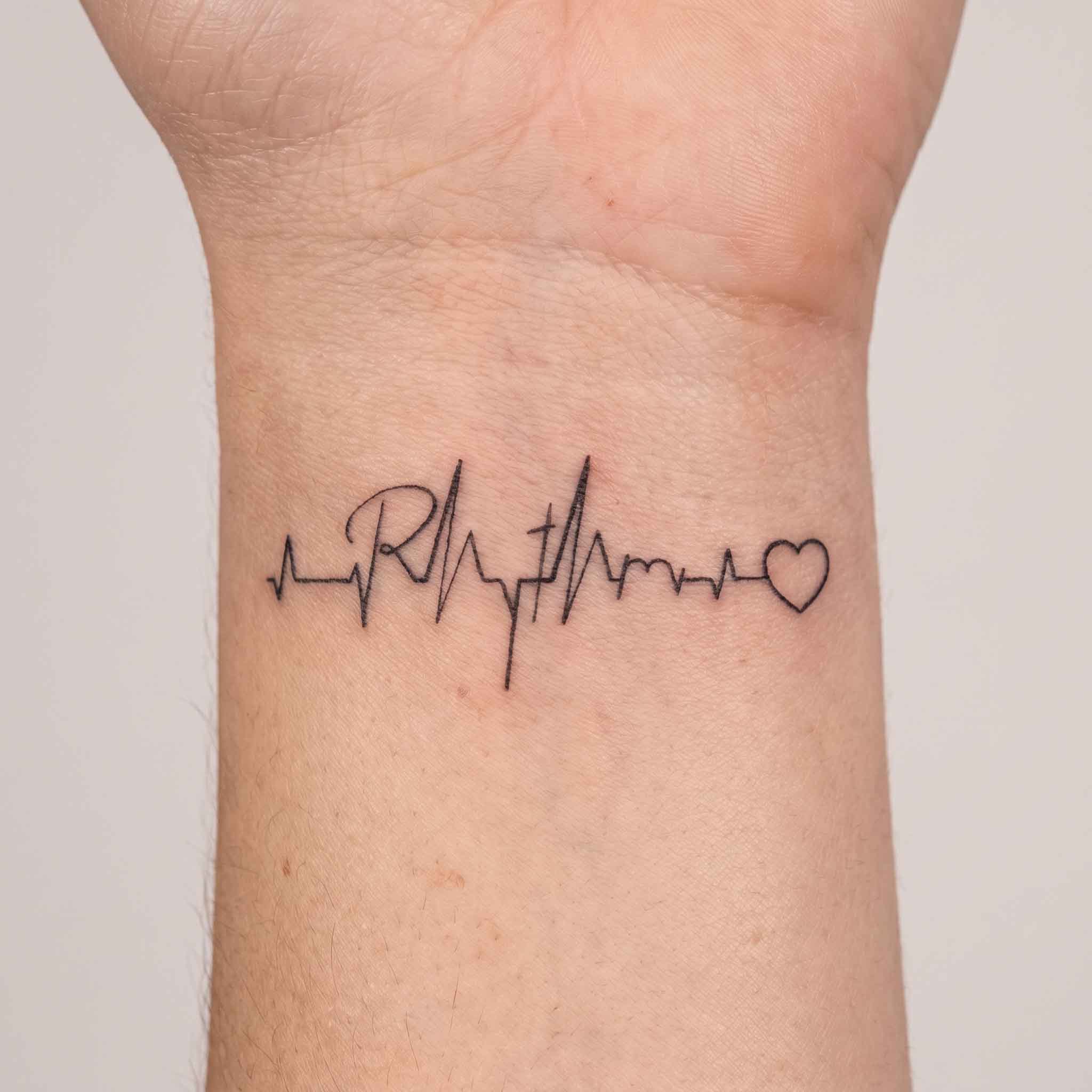 ECG Artistic Lettering & Heart Fake Tattoo On Wrist