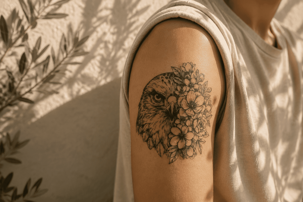 Realistic eagle and floral temporary tattoo design placed on an upper arm, featuring detailed fine line artwork with flowers and a bird motif for a natural tattoo-like appearance.
