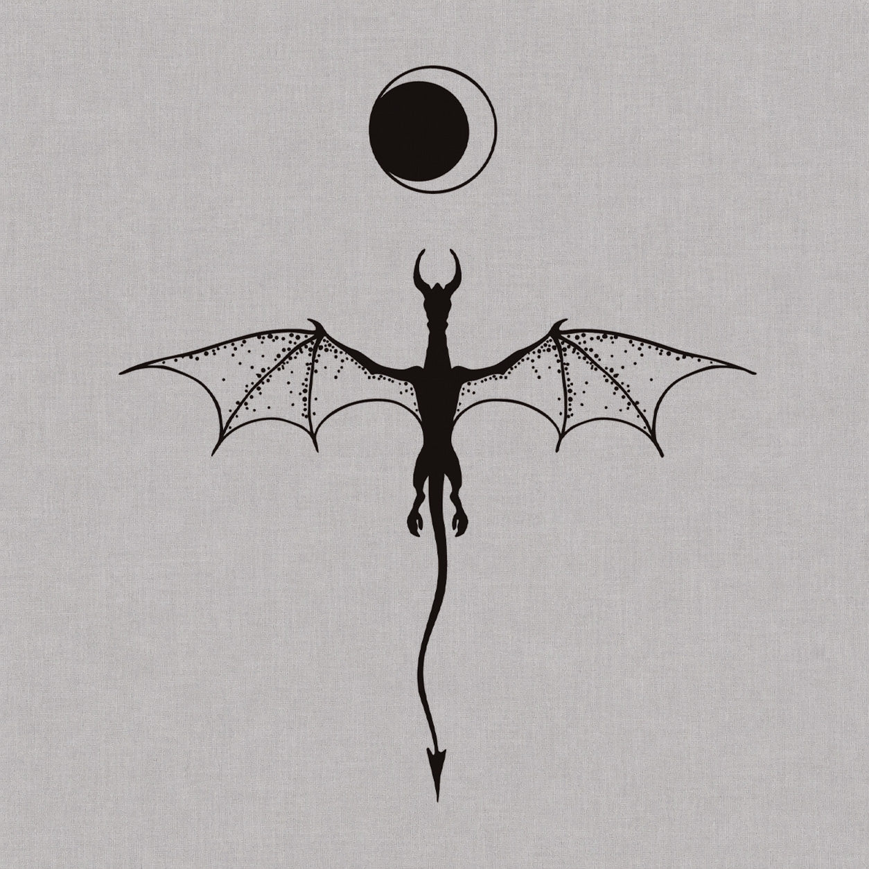 Fine line temporary tattoos design featuring a winged dragon silhouette beneath an eclipse moon.