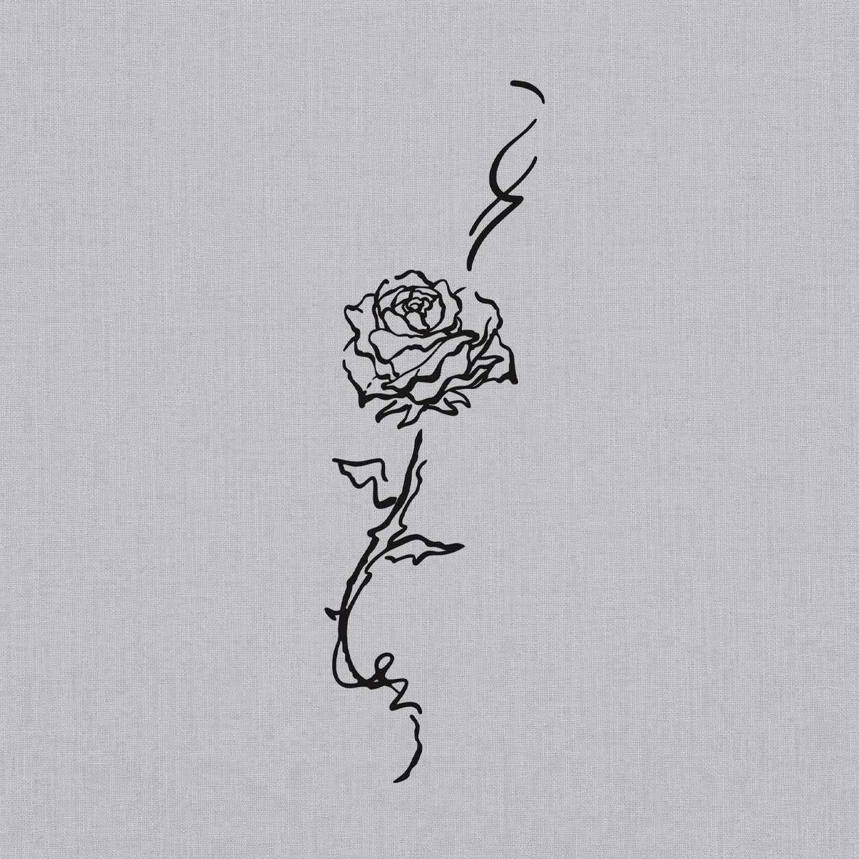 Temporary tattoo ideas design featuring a detailed single rose with layered petals, a slender stem, leaves, and delicate black linework.

