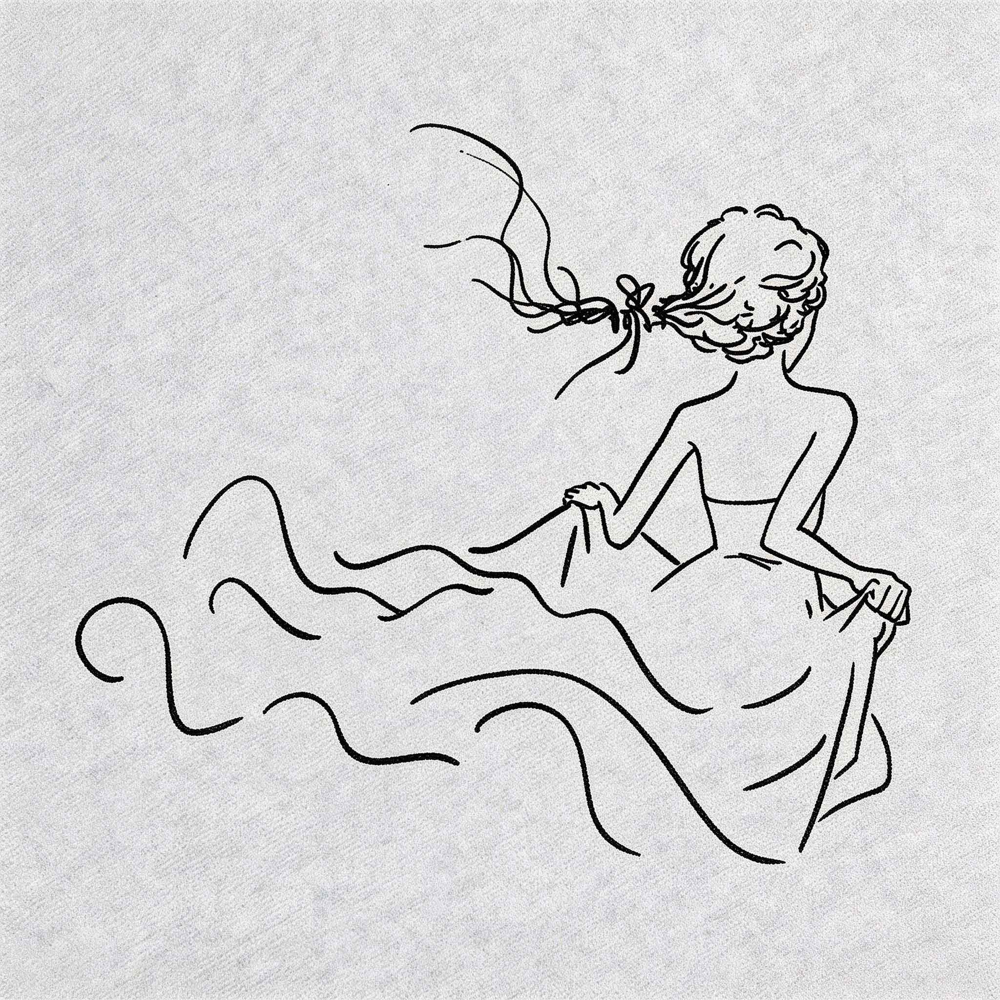 Elegant woman line art temporary tattoo with flowing hair and dress details