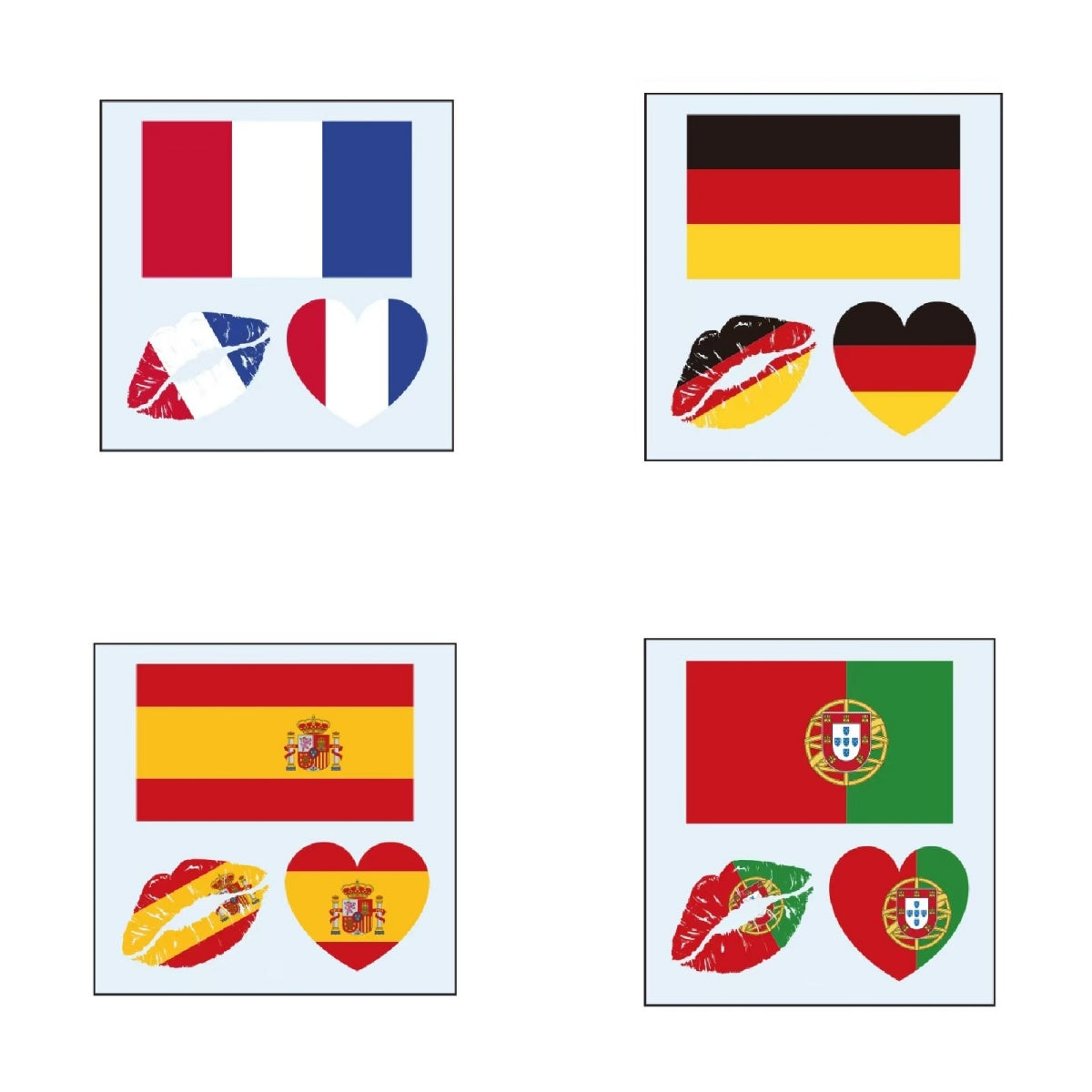 France Germany Spain Portugal flag temporary tattoo set with heart and lips designs