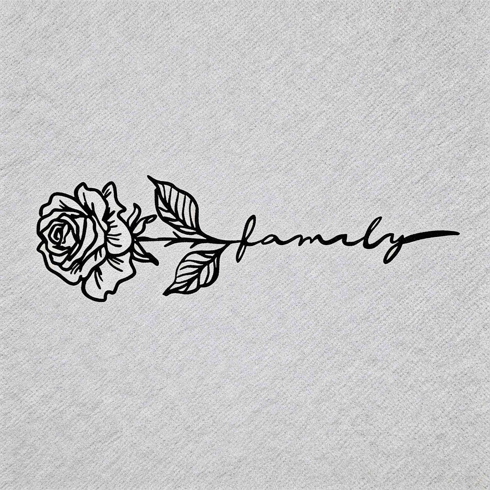 Herbal semi-permanent temporary tattoo with rose and “family” script design