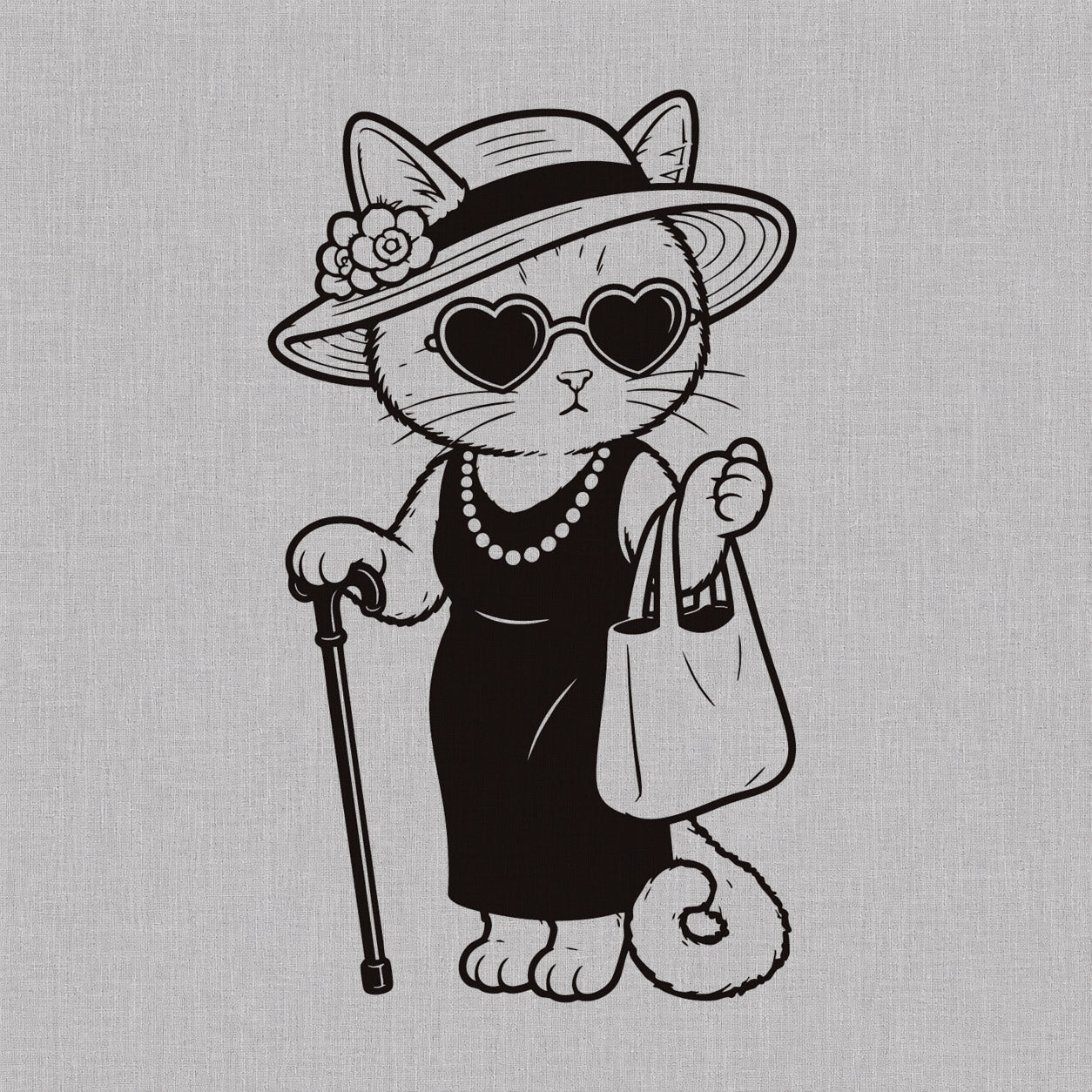 Temporary tattoo design featuring a fashionable cat wearing a hat, heart sunglasses, pearl necklace, dress, and handbag.