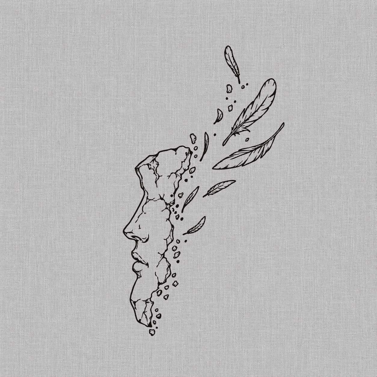 Fine line temporary tattoos design featuring a broken classical statue profile dissolving into feathers and small fragments.