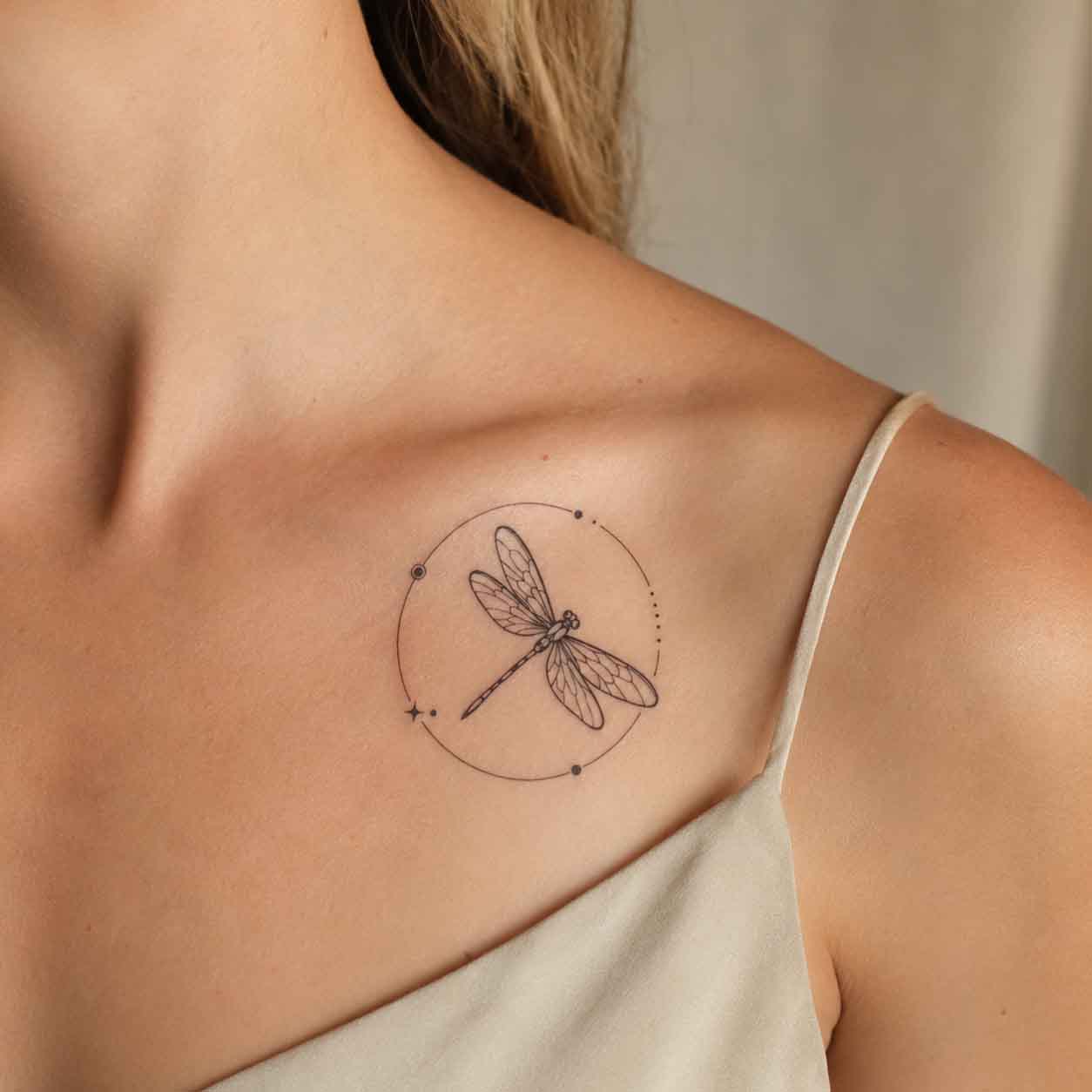 Fine line dragonfly collarbone temporary tattoo on shoulder area