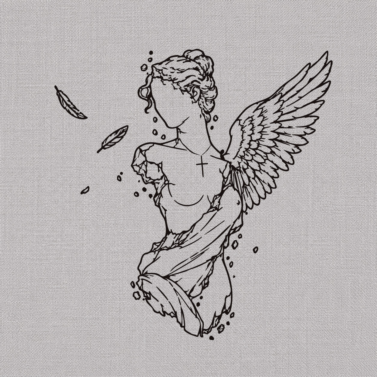 Fine line temporary tattoos featuring a broken angel statue with one wing, floating feathers, and a small cross.