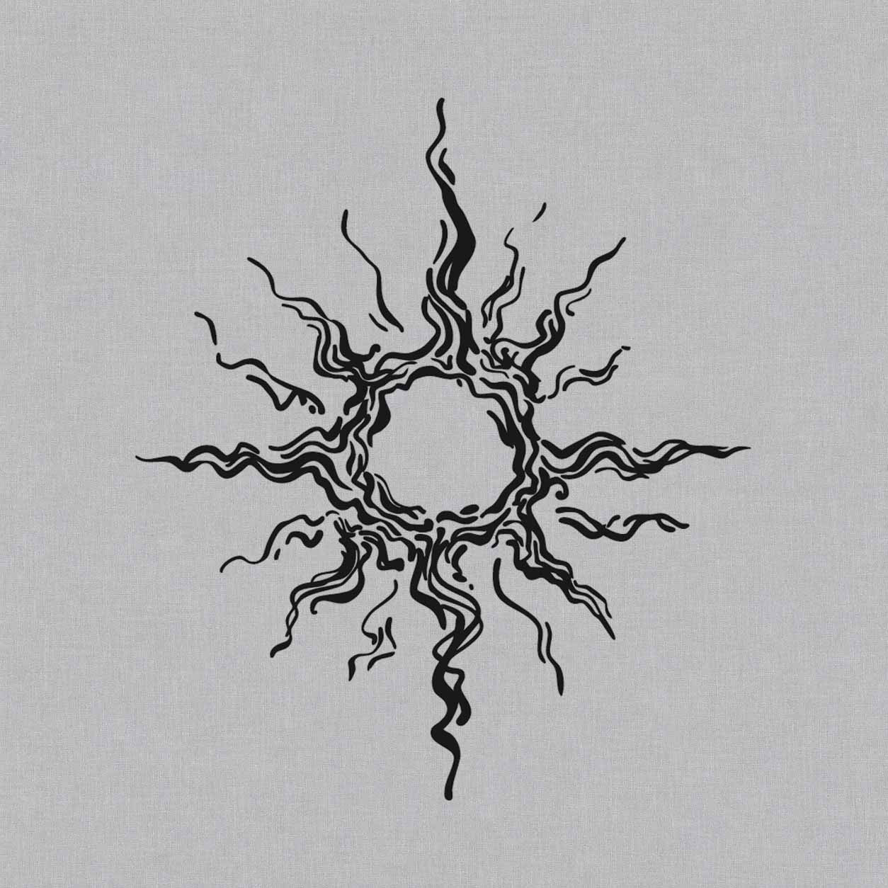 Abstract sun temporary tattoo featuring an open circular centre and flowing flame-like rays in bold black linework.
