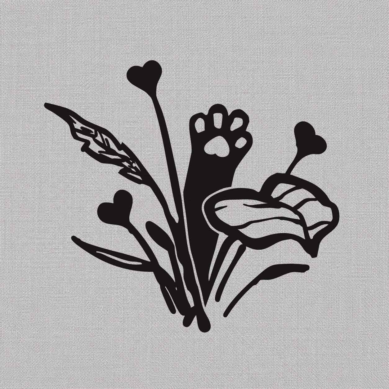Temporary tattoo ideas design featuring a cat paw reaching upward from flowers, leaves, and small heart-shaped botanical details.
