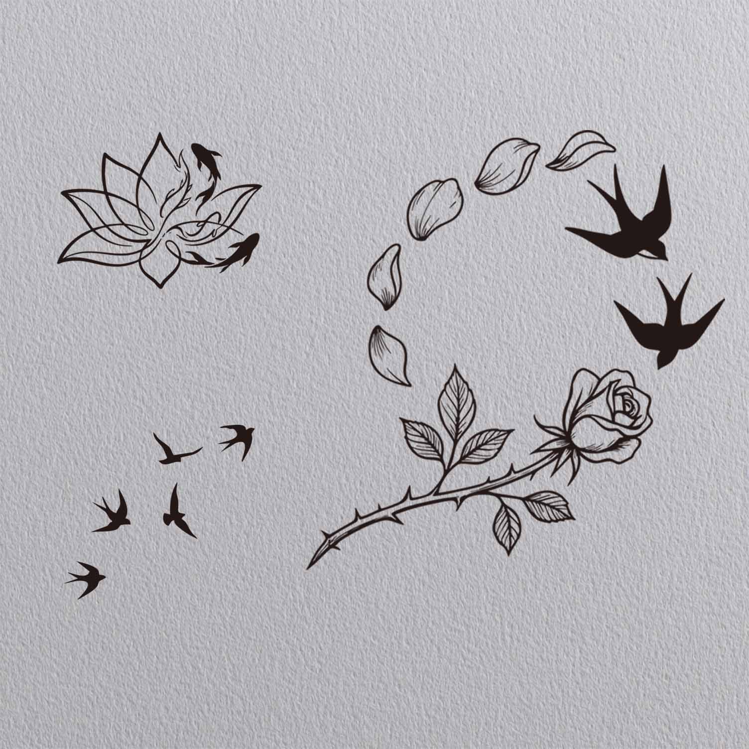 Floral and swallow temporary tattoo set with rose branch petals lotus and flying birds