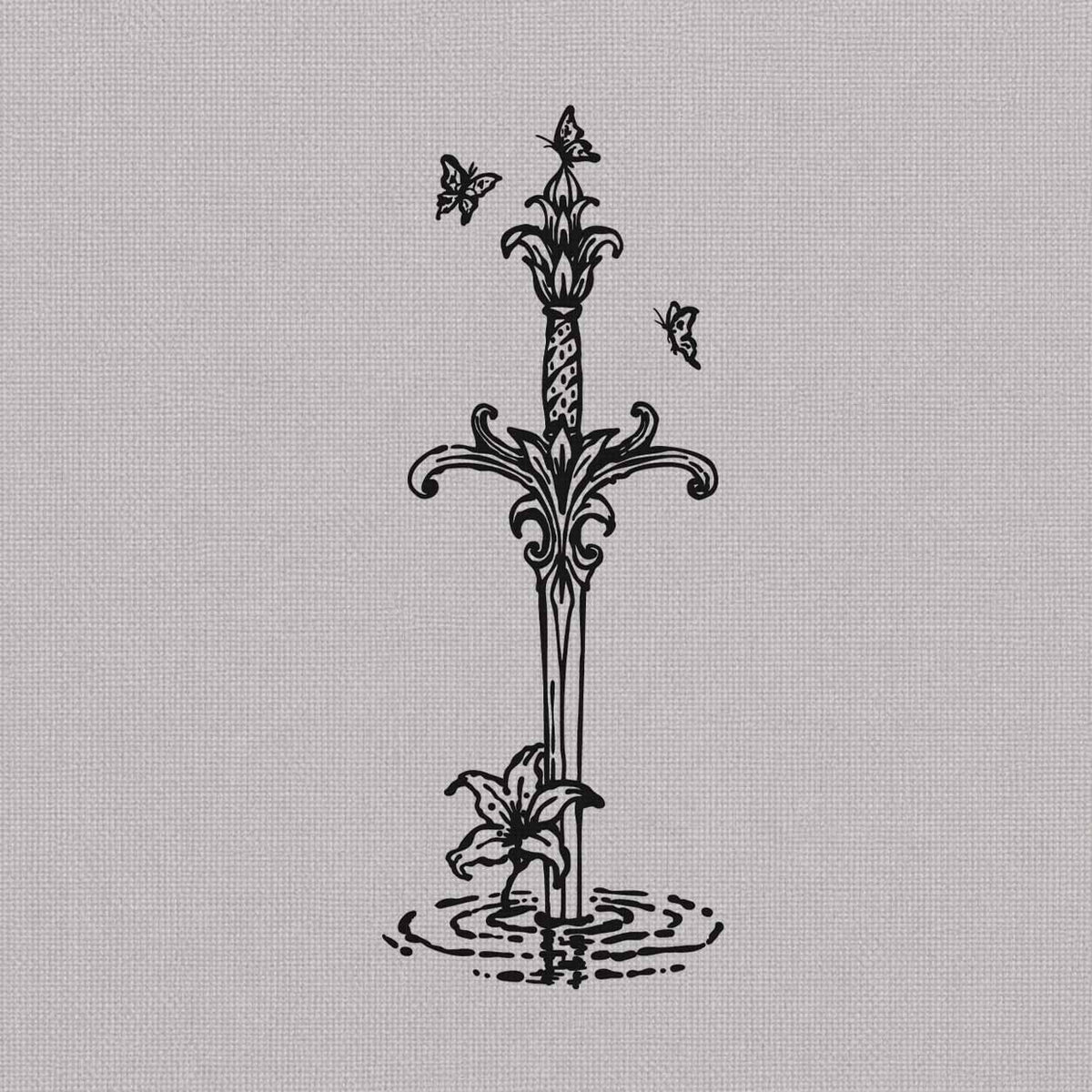 Semi permanent flower tattoo featuring an ornate sword, lily bloom, butterflies, and water ripples
