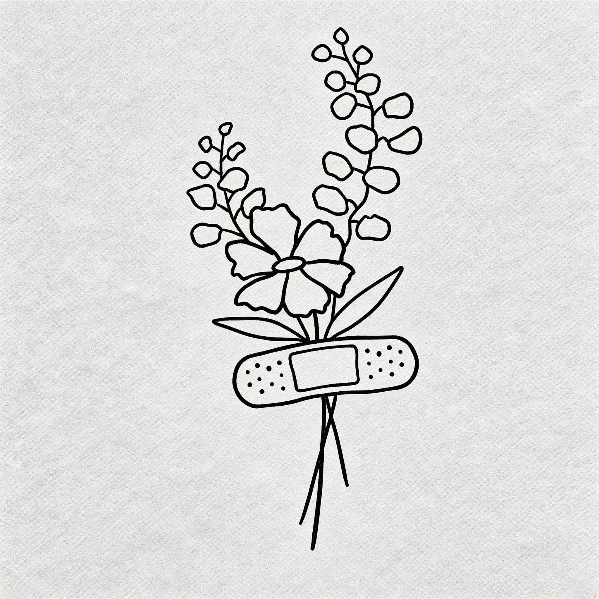 Minimalist flower bouquet temporary tattoo with bandage and botanical line art