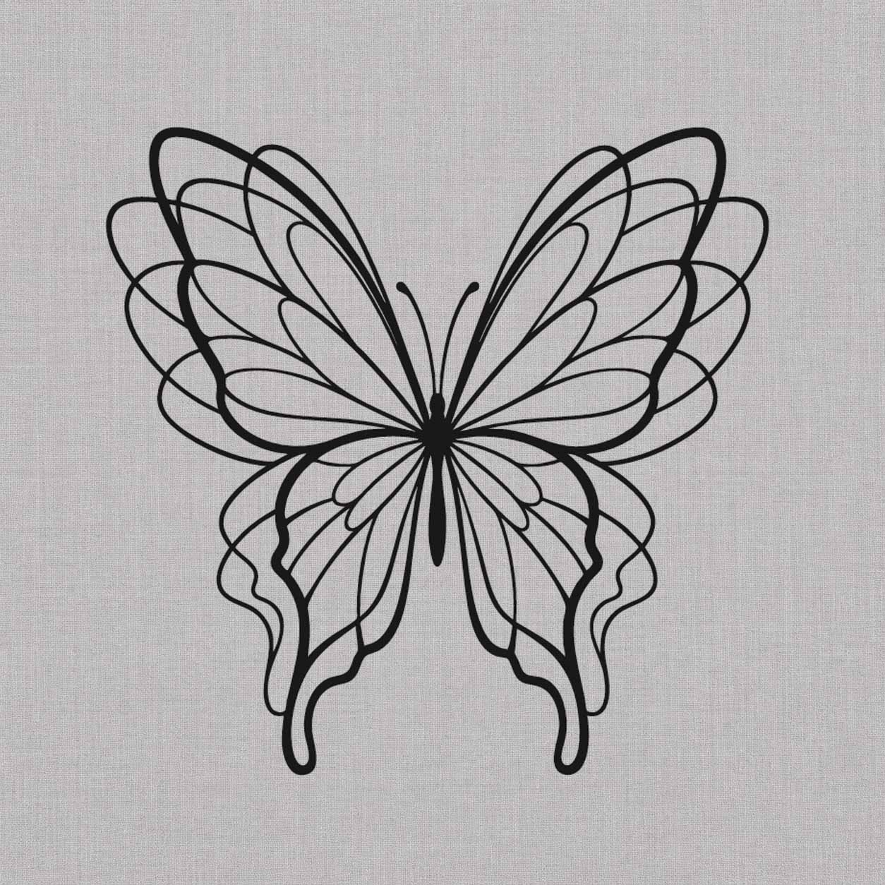 Flowing line butterfly semi-permanent tattoo featuring symmetrical wings with delicate overlapping curves and minimalist black linework.

