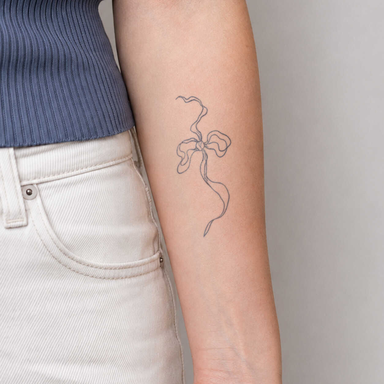 Flowing Ribbon Minimalist Line Art Herbal Semi-Permanent Tattoo On Arm