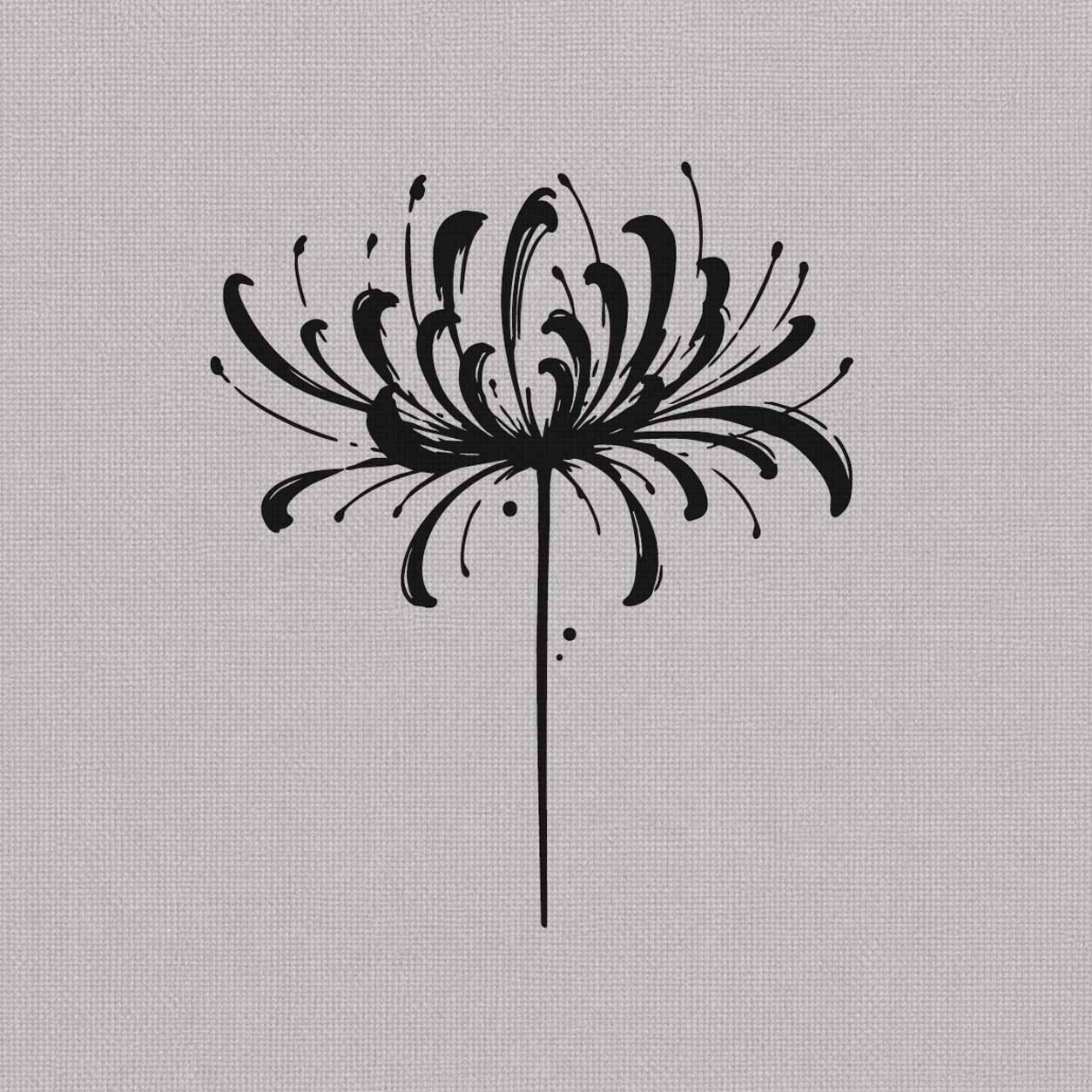 Spider lily semi-permanent tattoo featuring curling petals, delicate stamens, and a slender stem in expressive black linework.
