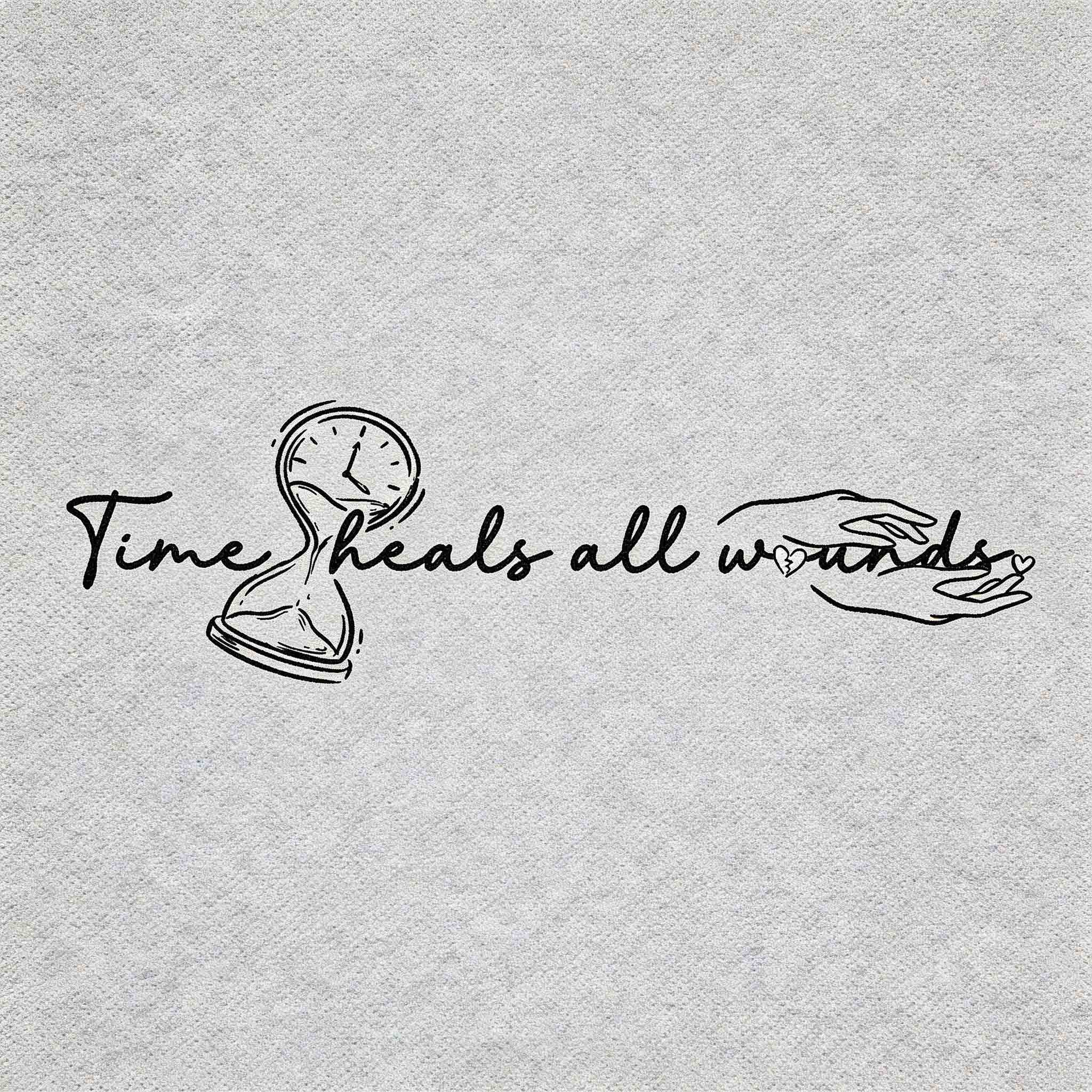 Time heals all wounds temporary tattoo with hourglass and hand line art