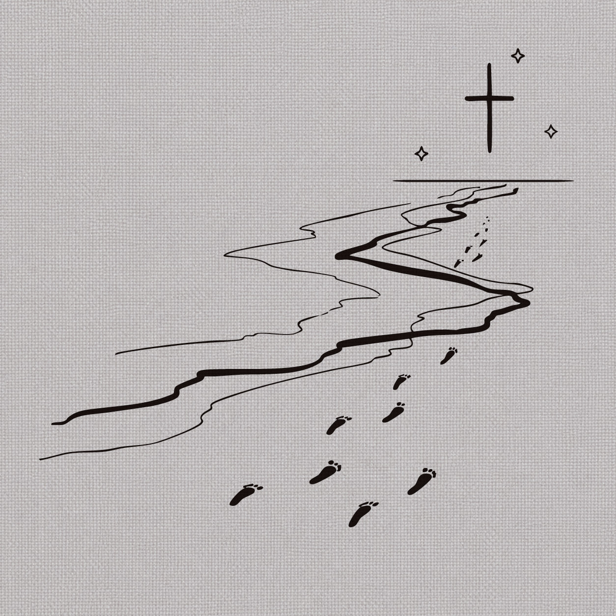 Fine line temporary tattoos design inspired by Footprints in the Sand, featuring shoreline footprints leading toward a cross.