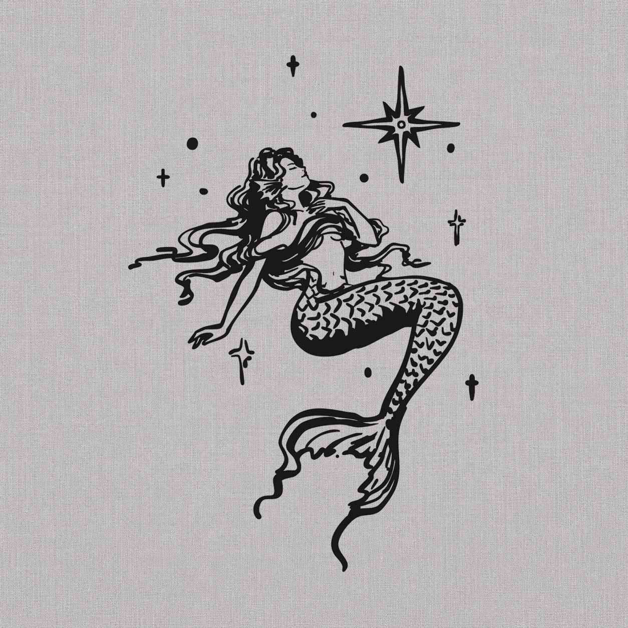 Mermaid semi-permanent tattoo featuring flowing hair, detailed scales, a curved fishtail, layered fins, and small decorative sparkles.
