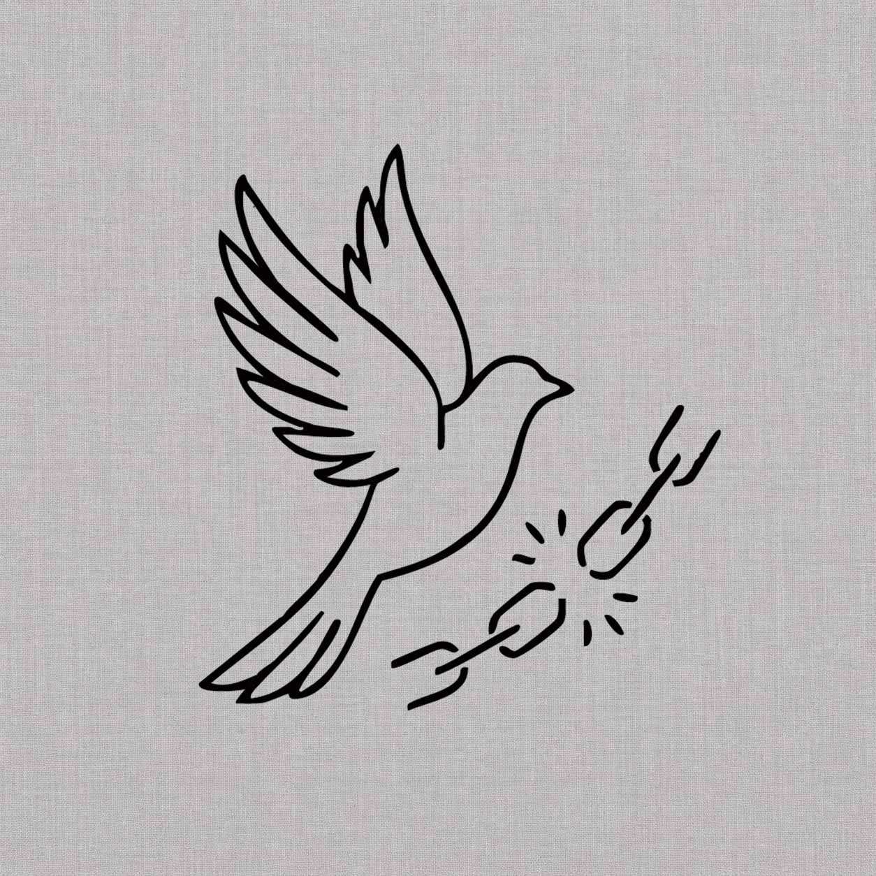 Breaking chains dove temporary tattoo featuring a flying bird beside separated chain links in minimalist black linework.
