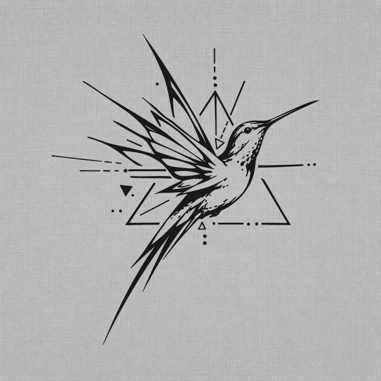 Geometric hummingbird semi-permanent tattoo featuring detailed wings, a long beak, triangles, dots, and sharp directional lines.
