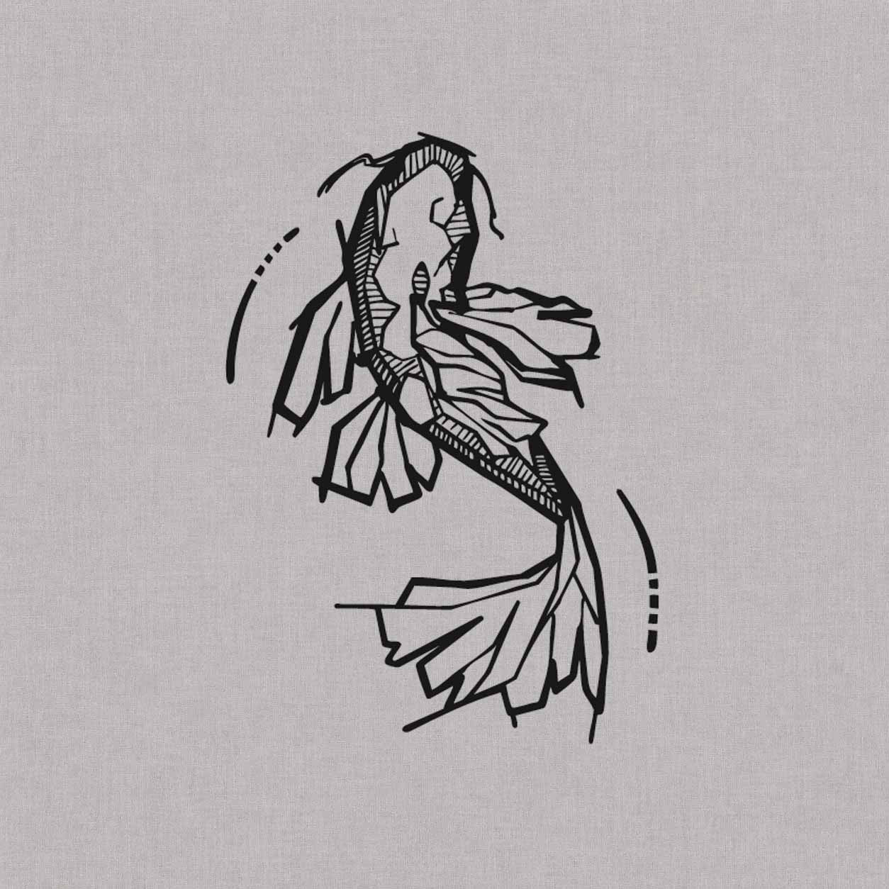 Stylized koi fish semi-permanent tattoo with a curved body, flowing fins, and a long tail in bold black linework.
