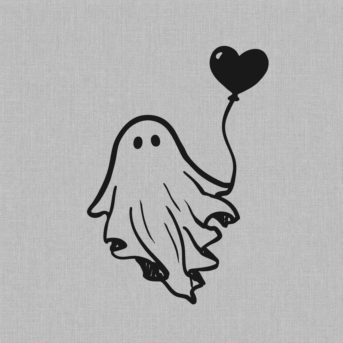 Cute ghost temporary tattoo featuring a ghost holding a heart-shaped balloon in minimalist line art.
