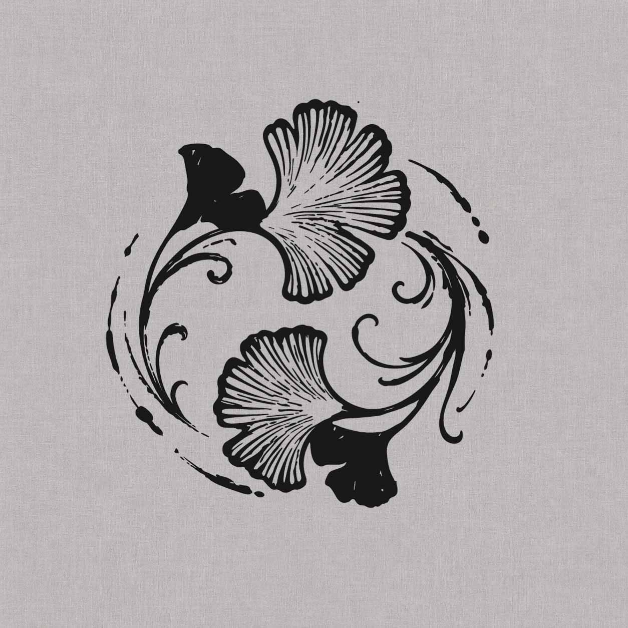 Ginkgo leaf semi-permanent tattoo featuring two fan-shaped leaves, curling stems, and flowing ornamental black linework.
