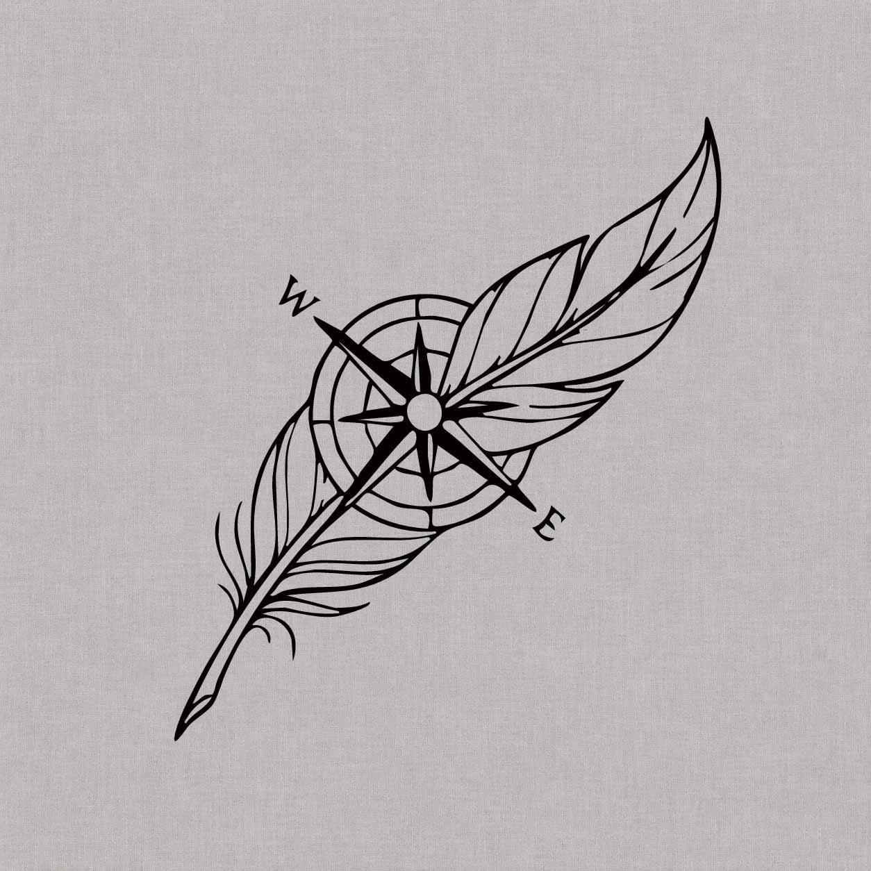 Feather compass semi-permanent tattoo featuring a detailed quill, compass rose, and north and east direction markers.

